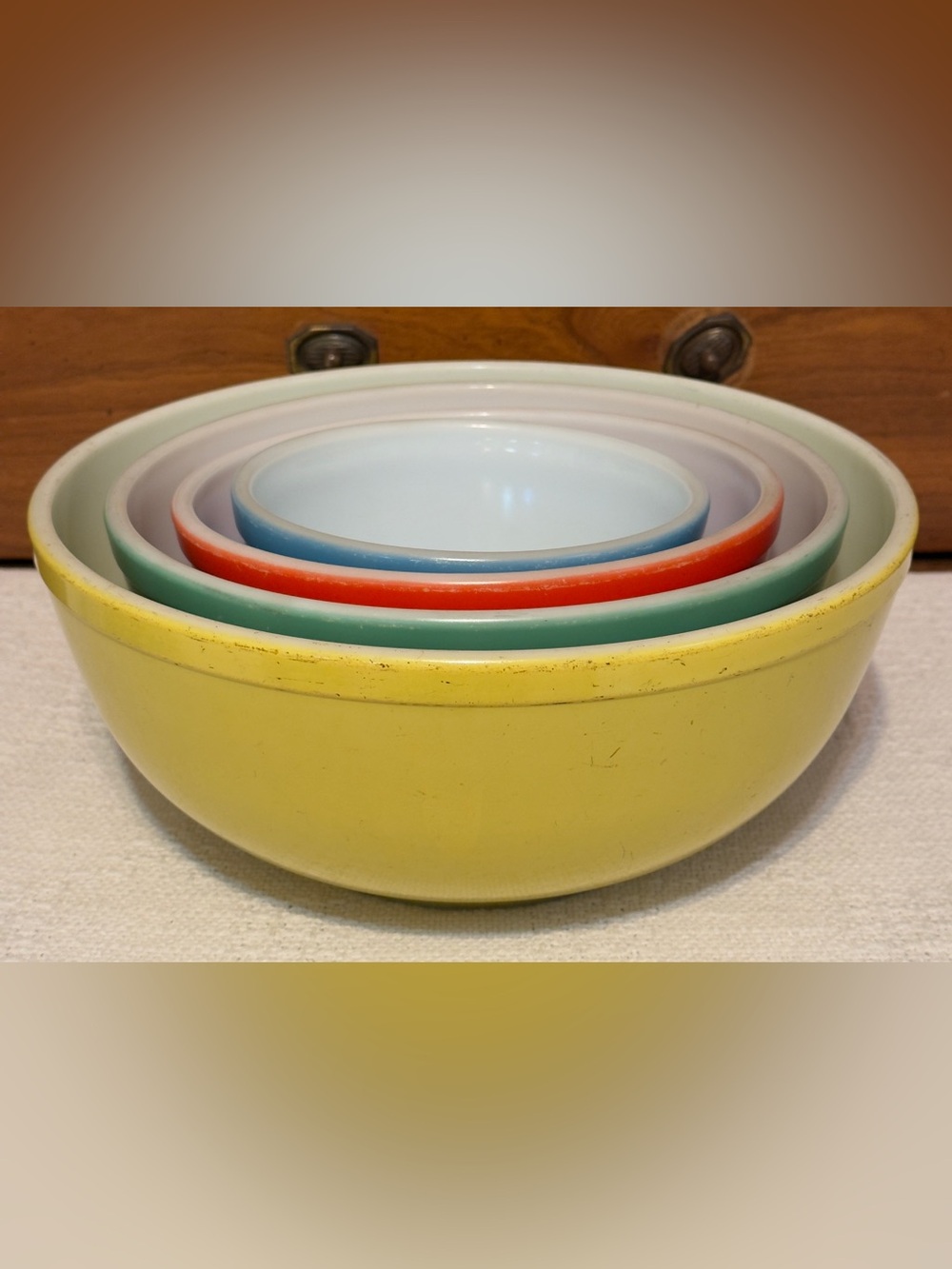 Pyrex Vintage Nesting Mixing Bowls - Yellow, Green, Red, Blue